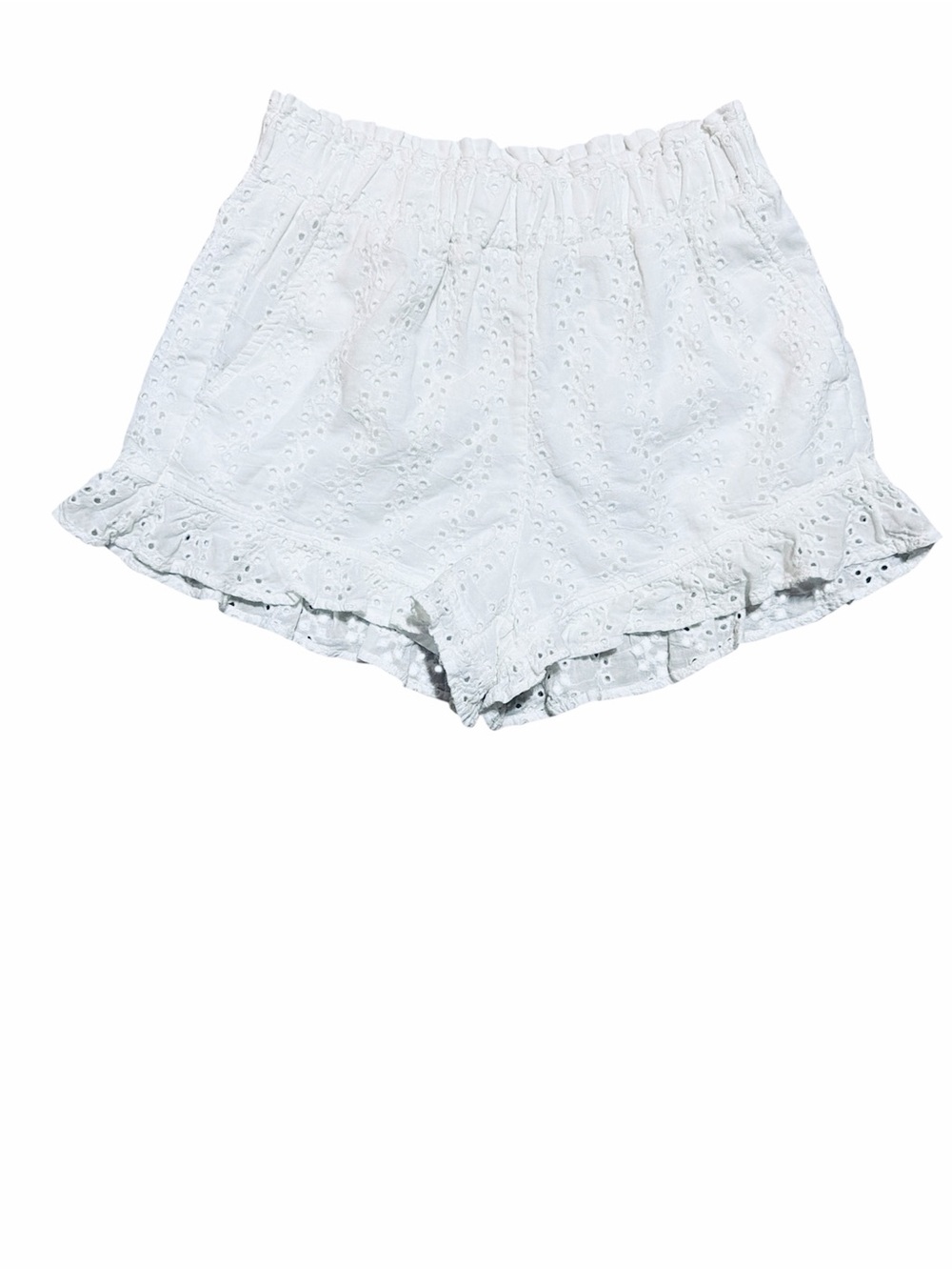 Hollister Ultra High Rise Eyelet Shorts XS White Lined Elastic Waist Ruffle Hem